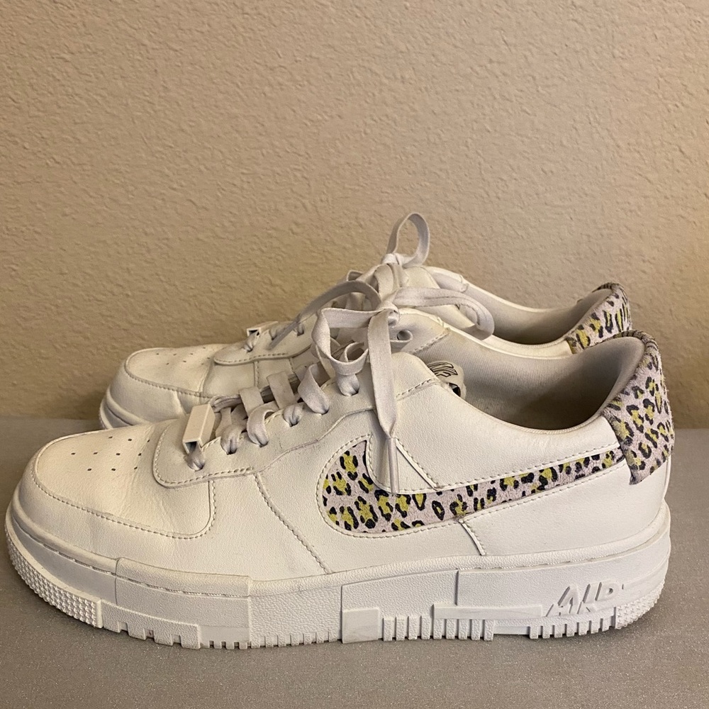 Nike Air Force One Pixel, off white/leopard suede, used, size 10 women’s